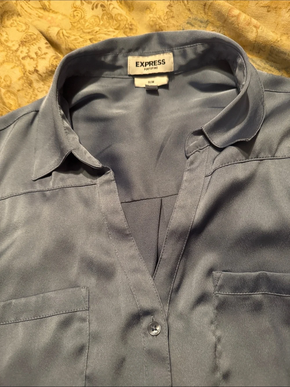 Express Silky Slate Blue Button-Up Blouse - Picture 6 of 7